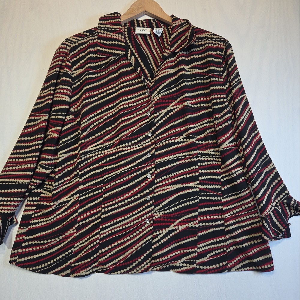 Covington Women 16W 18W Blouse Black Red Beaded Print Rhinestone Button Top